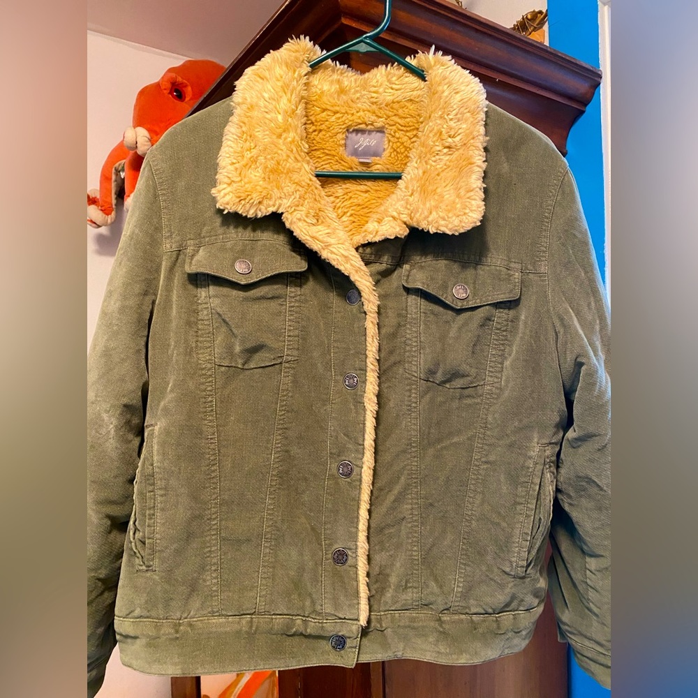 J Jill military green velour fleece lined cozy bomber jacket